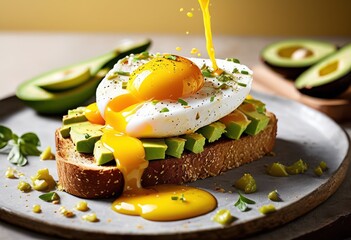 delicious runny egg yolk spreading fresh avocado toast, tasty, liquid, yellow, oozing, vibrant, creamy, breakfast, brunch, food, ripe, bread, healthy, meal