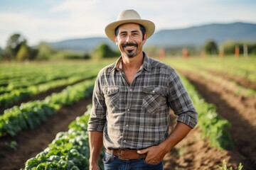 Fototapeta premium Portrait of a middle aged Hispanic male farmer on field
