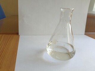 Chemical glassware in a chemistry lesson. Demonstration experience.
