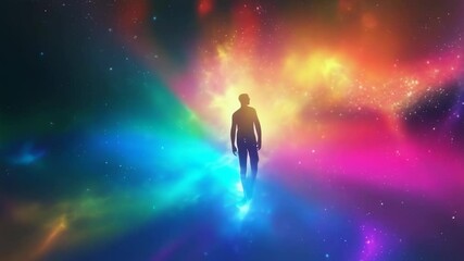 A silhouette of a person suspended in a colorful cosmic cloud, evoking a sense of mystery and wonder. The colors blend from yellows to blues, suggesting a transcendental experience in the vast