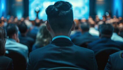 Fototapeta premium In the conference hall, many people were sitting in front of me and listening to an auditorium speech in the style of someone standing on stage, wearing business attire Generative AI