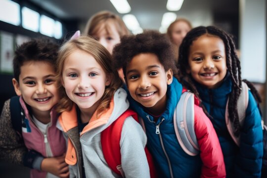 Portrait of diverse school kids in hallway