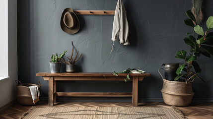 In a modern entrance with elements of Scandinavian and country style, there is a wooden bench placed against a gray wall.
