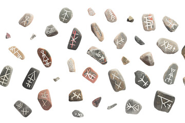 Runes, esoteric holy stones, pebbles scattered, flying and falling isolated on white background, transparent PNG