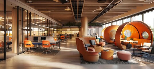 Modern Office with Flexible Workspaces Including Hot Desks, Meeting Pods, and Relaxation Areas