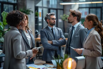 diverse group of businesspeople conducting a job interview with a man in an office setting. The image shows a panel of interviewers asking questions