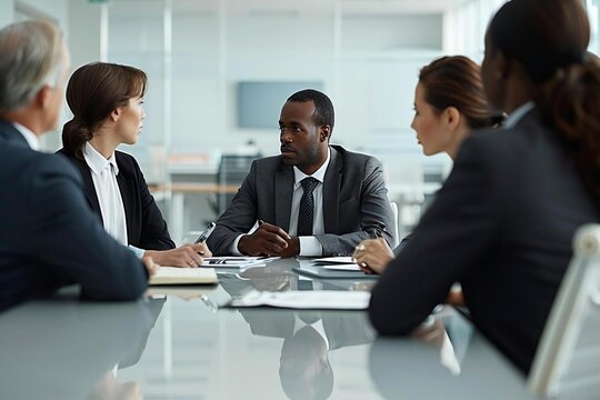 diverse group of businesspeople conducting a job interview with a man in an office setting. The image shows a panel of interviewers asking questions