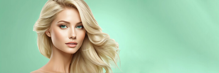 Fototapeta premium Flawless blonde with an elegant hairstyle of long hair on mint background with copy space.