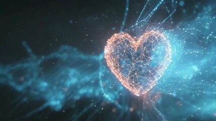 A bright heart-shaped wireframe structure glows, surrounded by intricate digital connections and abstract blue lights. The setting features a high-tech, modern aesthetic, with an overall warm and - Powered by Adobe