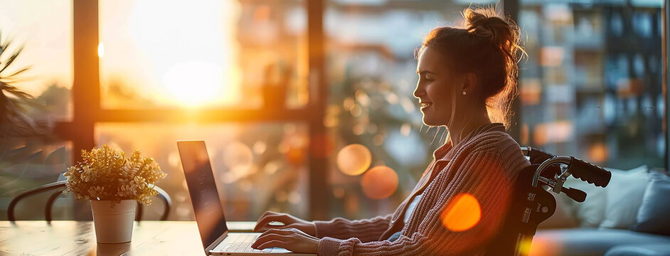 wide photo of cute woman in wheelchair using a laptop 