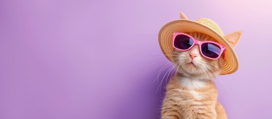 cool kitty Cat wearing sunglasses isolated on violet gradient background, pets summer, lovely cat, holiday vacation