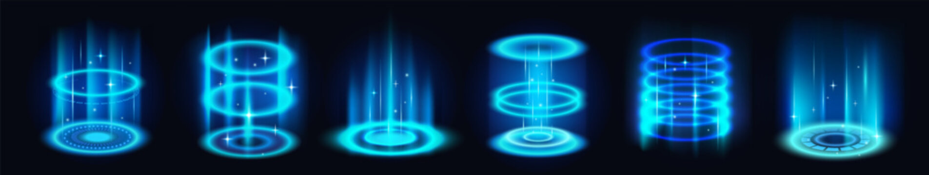 Realistic teleportation portal. Futuristic hologram with glowing energy circles of teleport. Magic blue aura of light and rays. Level up effect. Neon vector illustration isolated on black background