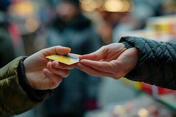 close-up shot of a person's hand giving a gift card to another person. The image captures the act of giving and receiving a thoughtful present.