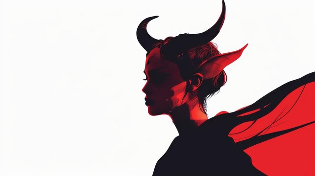 a devilish figure, in high fashion, flat color illustration, daring, isolated on white background