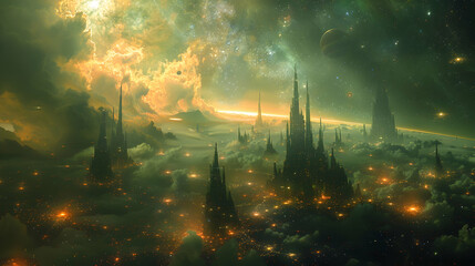 Obraz premium A futuristic solar planet with an interconnected network of floating cities