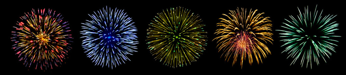 Salute, festive fireworks isolated on a black background. Collection of fireworks on black.