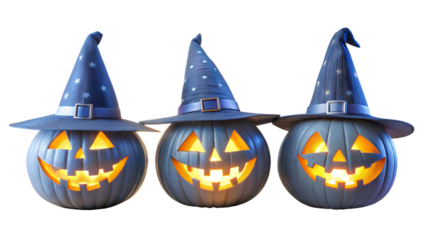 Three Blue Lit Jack-O-Lantern Pumpkins With Witch Hats