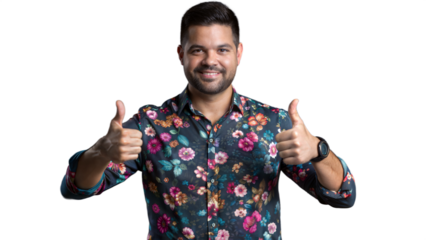 A Man in a Floral Shirt Gives Two Thumbs Up, Smiling on Transparent Background
