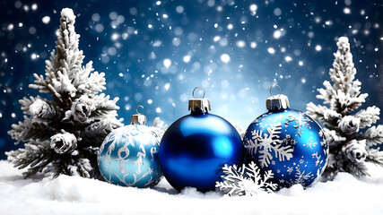 Blue Christmas Ornaments in Snowy Winter Wonderland - Festive Holiday Magic Perfect Christmas Cards, Poster, Flyer, Banner, Background, Wallpaper, Advertising