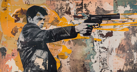 Fototapeta premium Young agent man in suit pointing a revolver - Gritty Pop art of protection, agents, security, violence