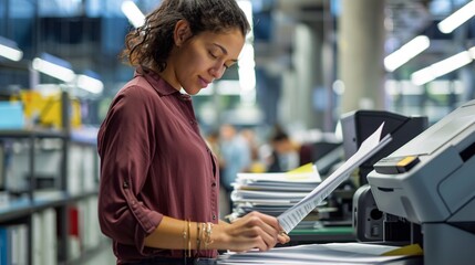 Standing by a printer in a bustling office space, an administrative assistant efficiently sorts and organizes a stack of documents.