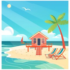 Fototapeta premium Beach getaway flat design front view coastal theme animation vivid