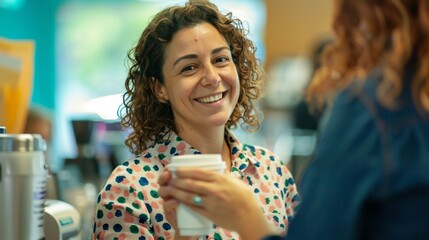 With a warm smile, an administrative assistant hands over a cup of coffee to a colleague, emphasizing their role in creating a positive work environment.