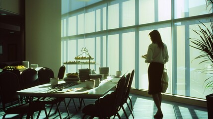 An administrative assistant prepares a conference room for an upcoming meeting, meticulously arranging refreshments and presentation materials.