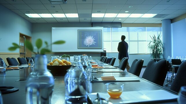 An administrative assistant prepares a conference room for an upcoming meeting, meticulously arranging refreshments and presentation materials.