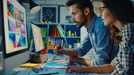 An advertising manager provides feedback and guidance to a graphic designer working on visual assets for a new advertising campaign.