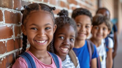 Group of children. The children smile and look happy. In the foreground, an African American girl in a pink shirt smiles and looks at the camera.