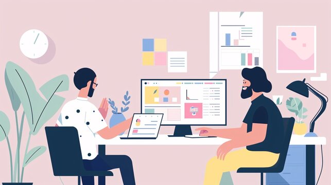 An advertising manager provides feedback and guidance to a graphic designer working on visual assets for a new advertising campaign.