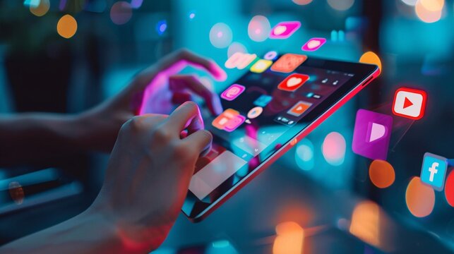 Using a tablet computer, an advertising manager reviews a social media campaign, monitoring engagement and analyzing its reach.