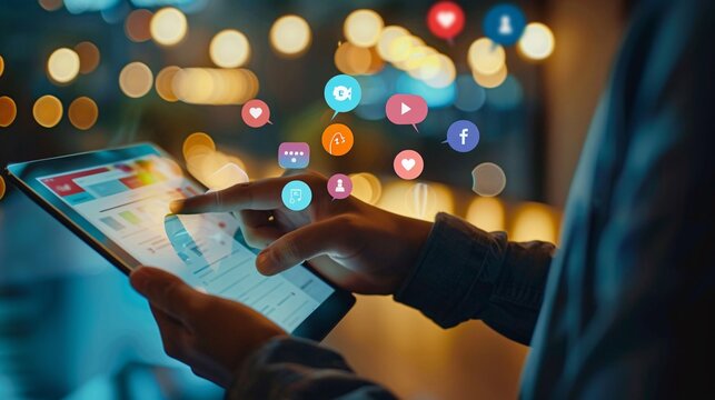 Using a tablet computer, an advertising manager reviews a social media campaign, monitoring engagement and analyzing its reach.