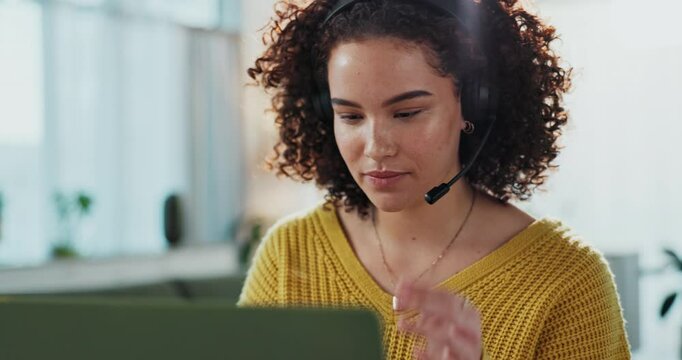 Woman, call center and happy with laptop for remote work from home office for telemarketing with contact on voip. Person, agent and crm with mic for consultation, tech support and customer service