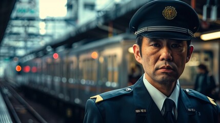 A security guard dressed in uniform is ensuring safety on a busy train station platform, projecting authority and vigilance as trains and passengers bustle in the background.