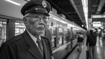 An elderly train officer with a stern expression stands on a train platform, representing the dedication and experience in ensuring the smooth and secure operation of urban transit systems.
