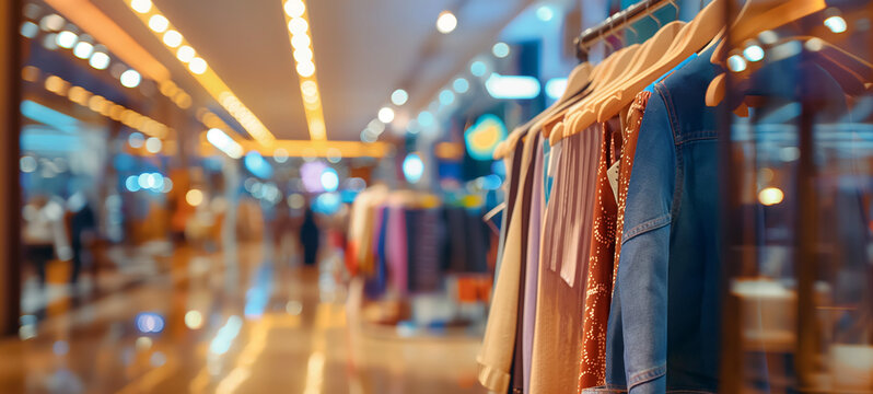 Shopping in a boutique with fashionable clothes displayed on hangers for sale, featuring a blurred background of various market offerings