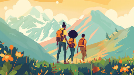flat illustration, multiracial family, hiking in the mountains. Outdoor activities, healty lifestyle for the whole family. Spending time outside with family.