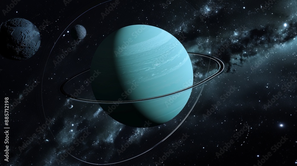 Wall mural a realistic rendering clearly depicting the planet uranus surrounded by two visible moons in a detai