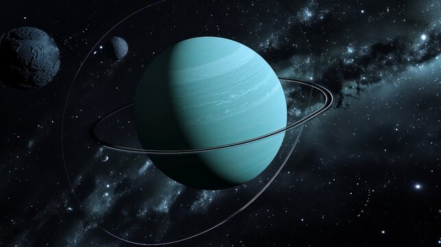A realistic rendering clearly depicting the planet Uranus surrounded by two visible moons in a detailed and visually appealing space setting, with stars in the background.