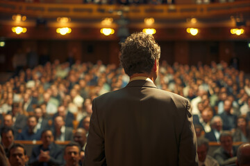 Man speaking in front of a large audience 