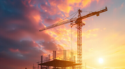 Fototapeta premium new building construction site with tower crane and sky at sunset 