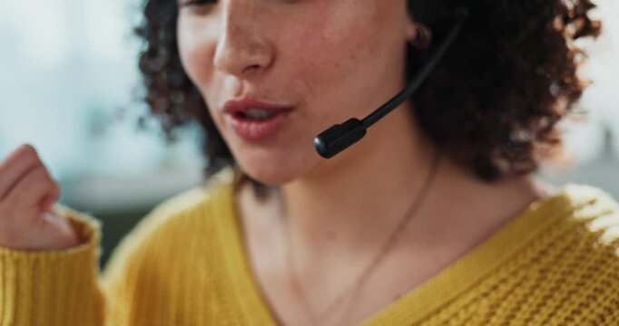 Hands, call center and woman with remote work from home office with smile for telemarketing on voip in lounge. Person, agent and crm with microphone for consultation, tech support or customer service