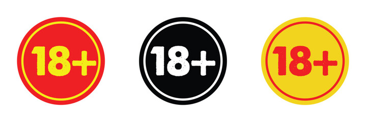 18 Plus icon set. Adult Plus Age Circle vector symbol in a black filled and outlined style. Eighteen years limit sign in eps 10.