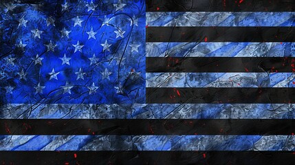 This image presents an abstract representation of the American thin blue line flag, artistically incorporating textures and shades of blue with a modern visual twist.