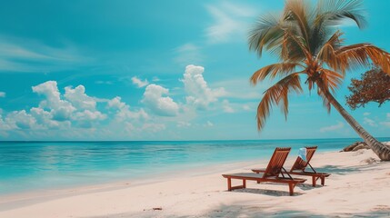 Obraz premium This serene image captures two chairs under palm trees on a pristine tropical beach, evoking relaxation and the peaceful vibes of an idyllic seaside getaway.