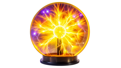A Yellow Plasma Ball Lamp On A Black Base Against A Transparent Background