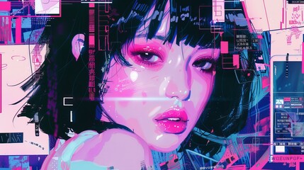 A captivating digital illustration of a female character with striking cyberpunk elements and neon aesthetics, highlighting themes of futuristic technology and modern digital artistry.