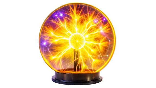A Yellow Plasma Ball Lamp On A Black Base Against A Transparent Background